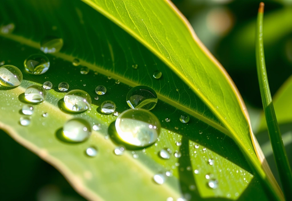 A vibrant green leaf with water droplets, symbolizing natural ingredients and purity.