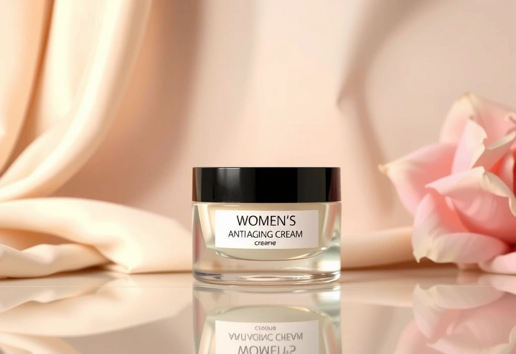 High-quality, professional photo of women's anti-aging cream in elegant packaging.
