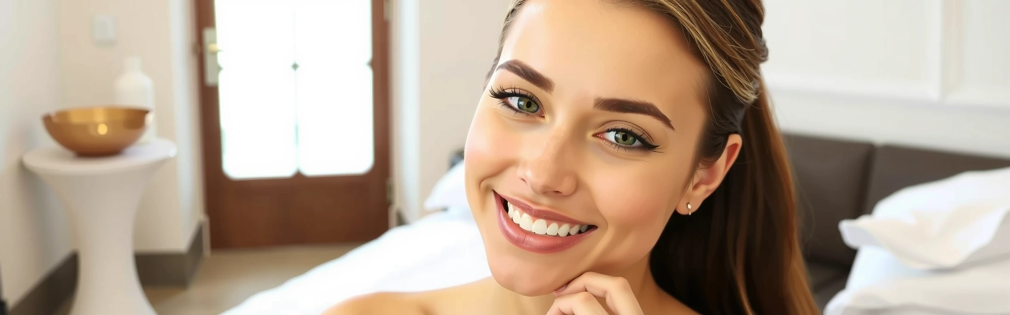 High-quality, professional photo of a woman with radiant skin in a serene, elegant setting, conveying beauty and youth.